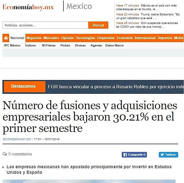 Nmero de fusiones y adquisiciones empresariales bajaron 30.21% en el primer semestre